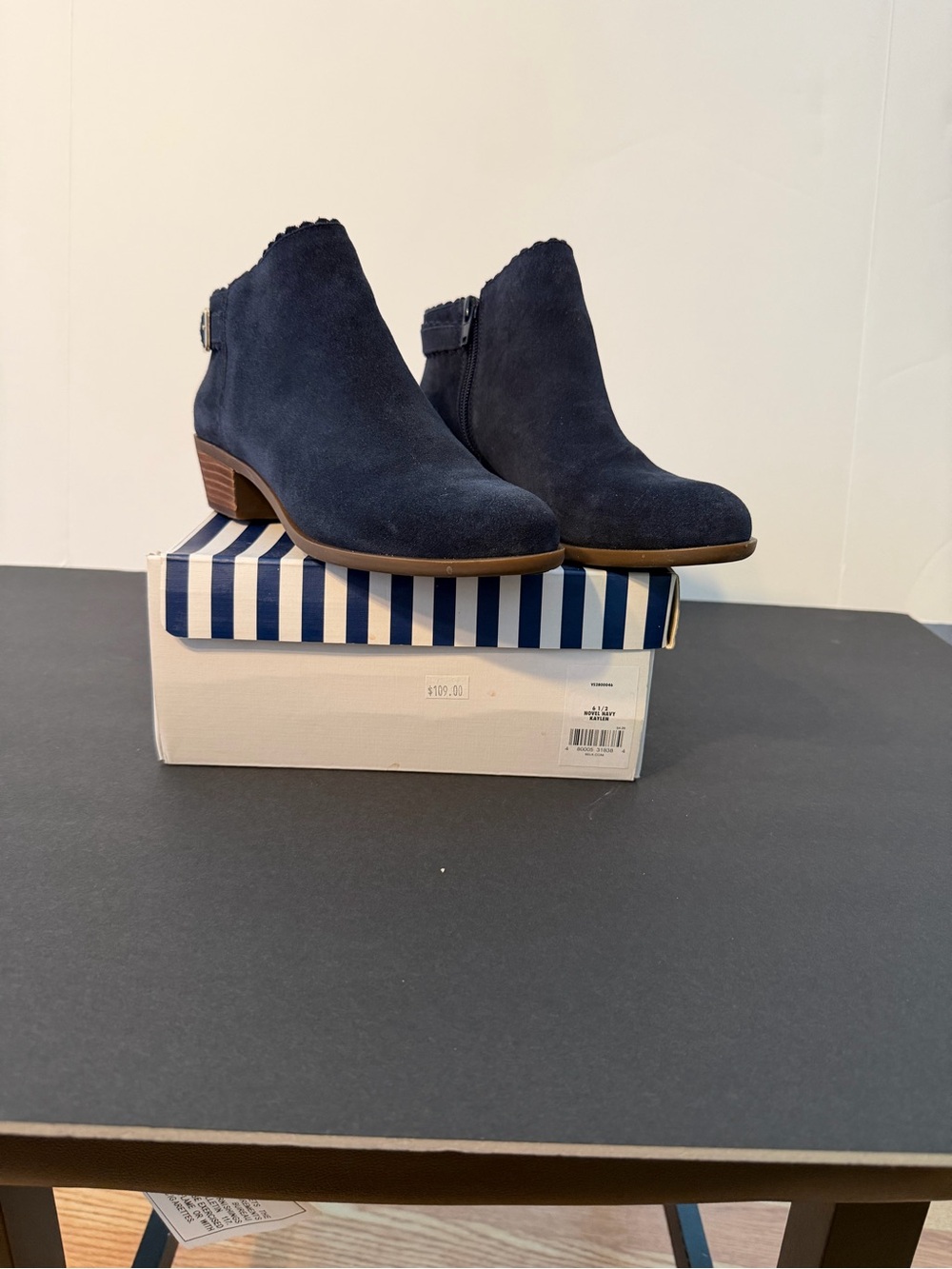 crown & ivy Navy Suede Ankle Booties with Buckle